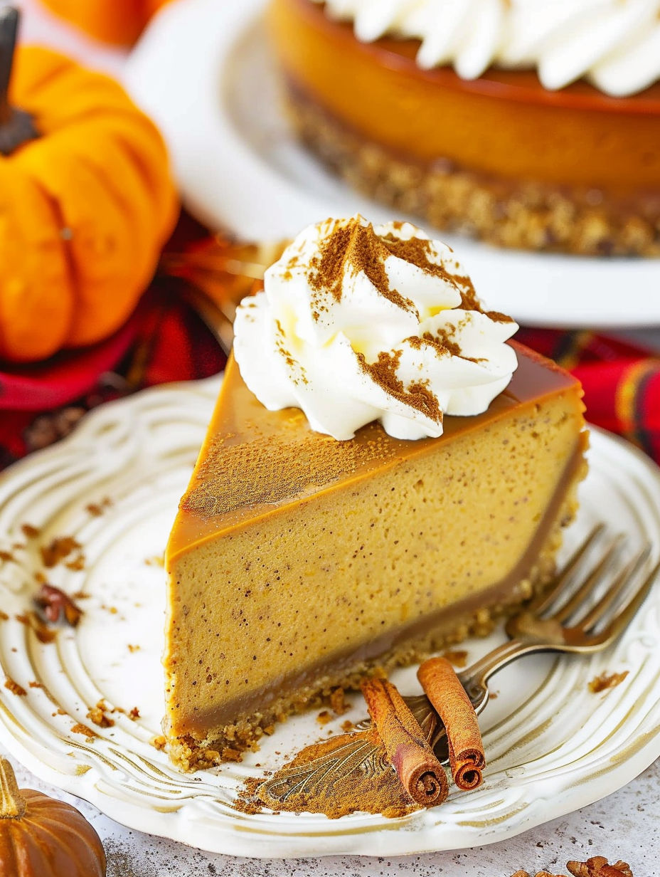 A slice of pumpkin cheesecake with whipped cream on top.