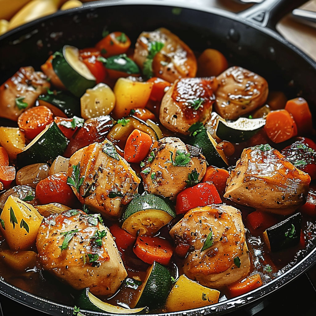 A pan of chicken and vegetables.