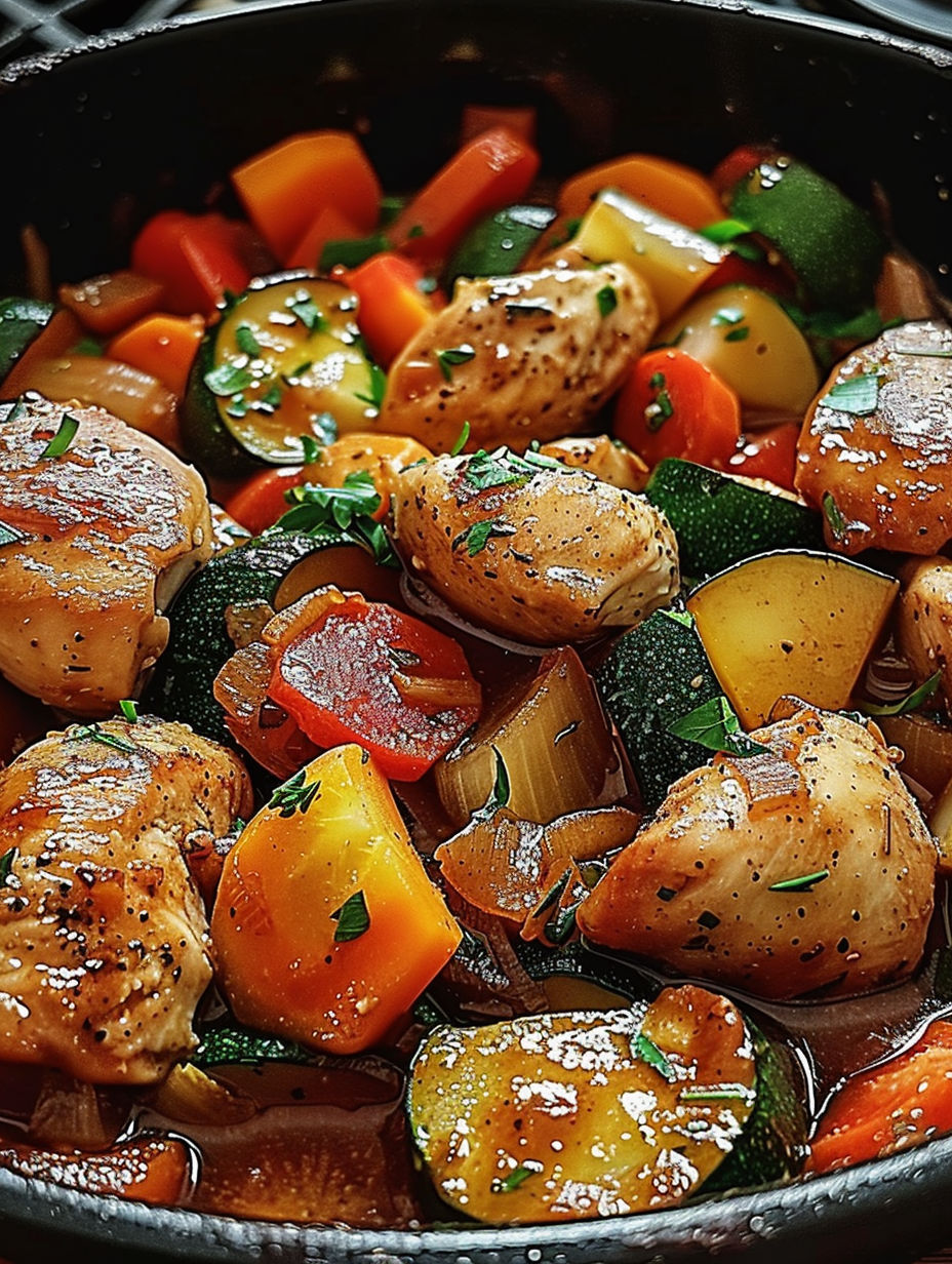 A close up of a delicious meal of chicken and vegetables.