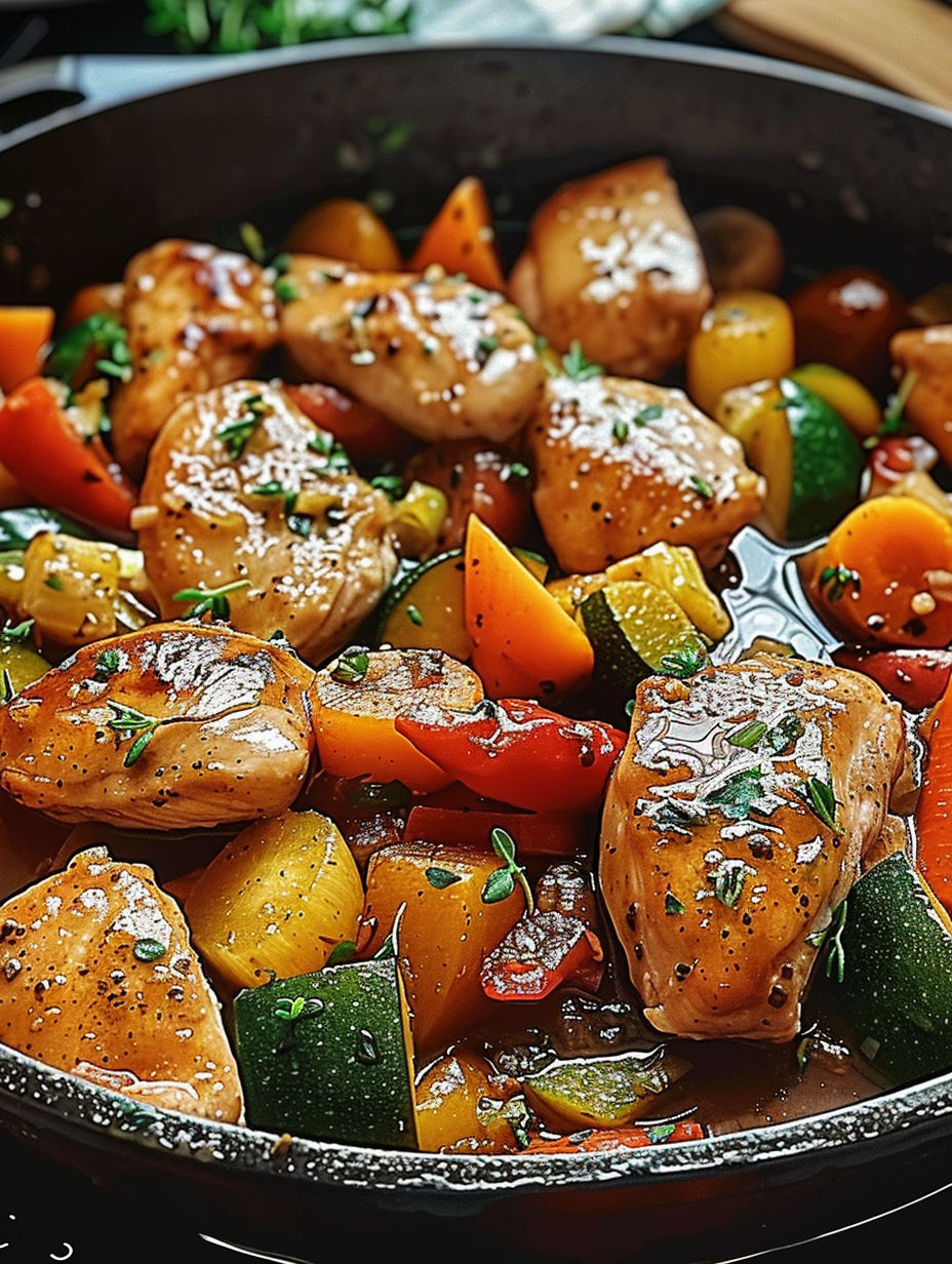 A pan of chicken and vegetables.