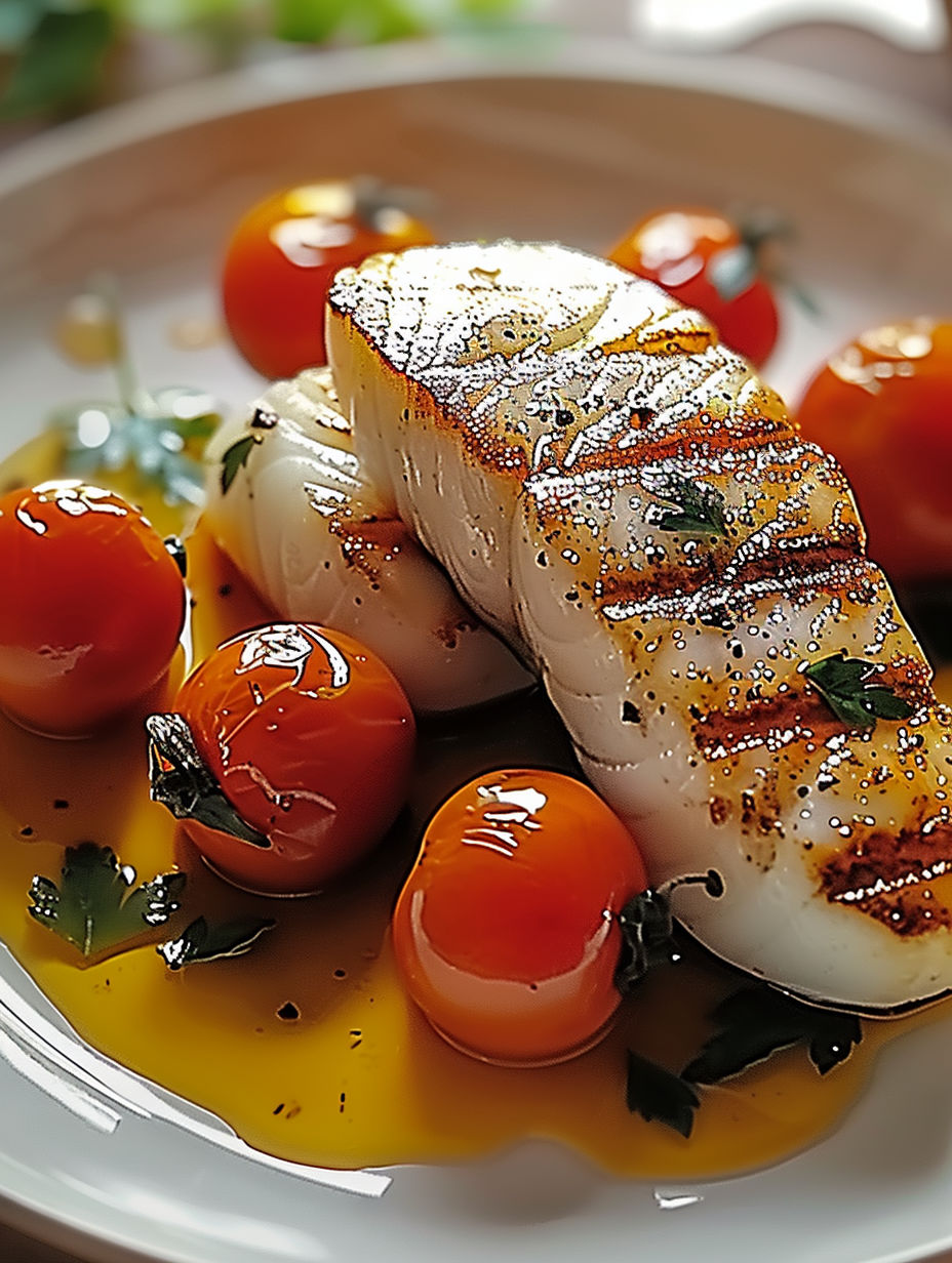 A plate of food with tomatoes and fish.