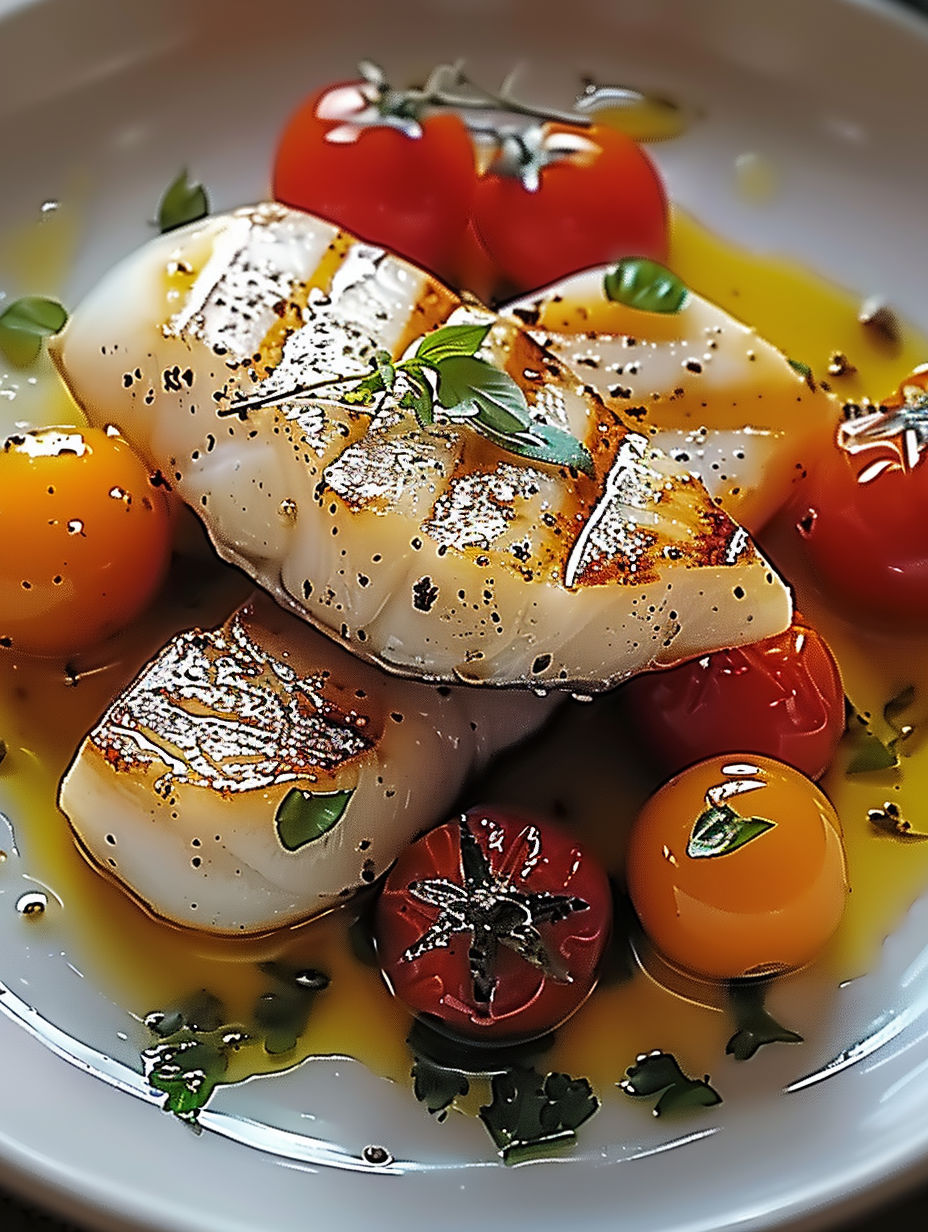 A plate of food with tomatoes and fish.