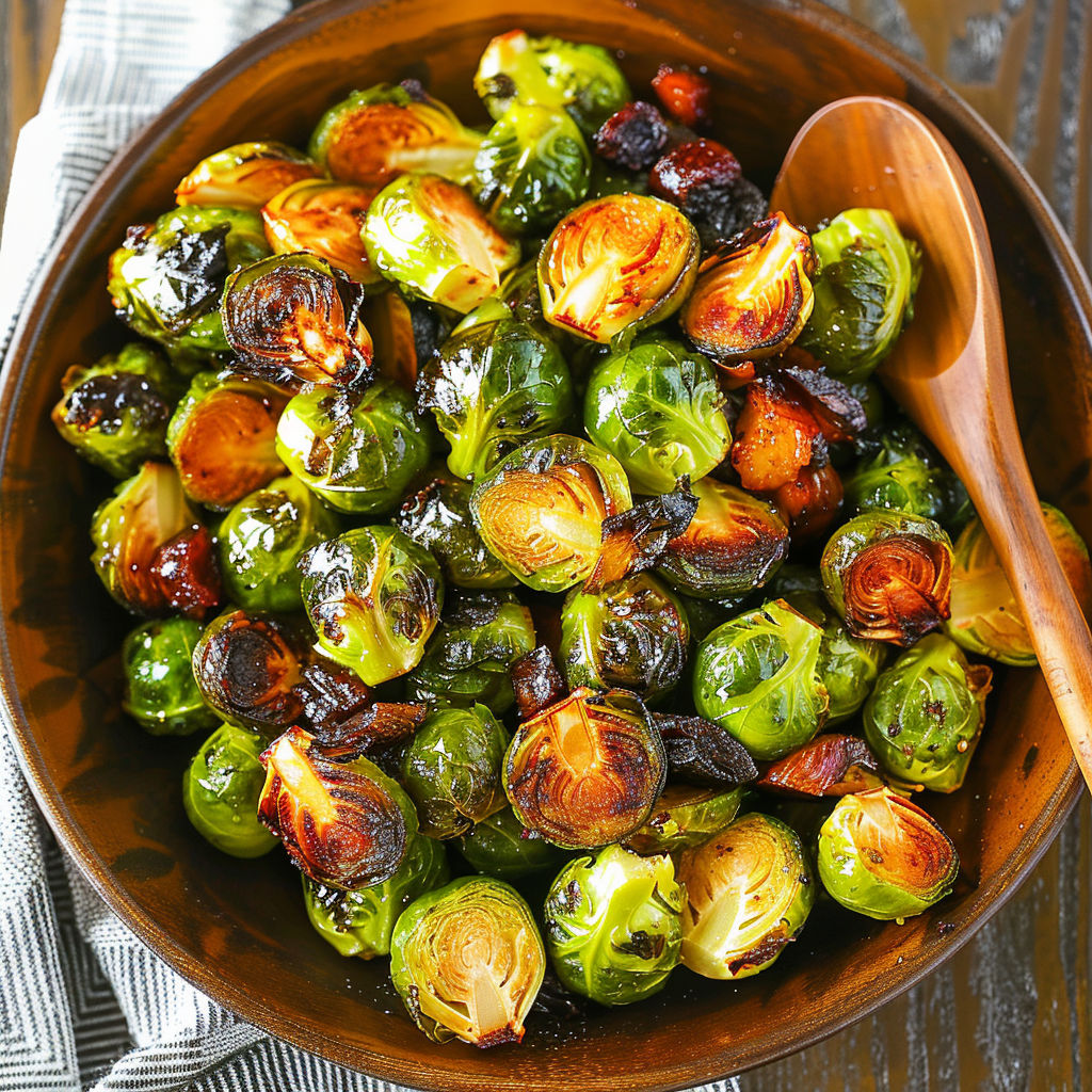 A bowl of honey roasted Brussels sprouts.
