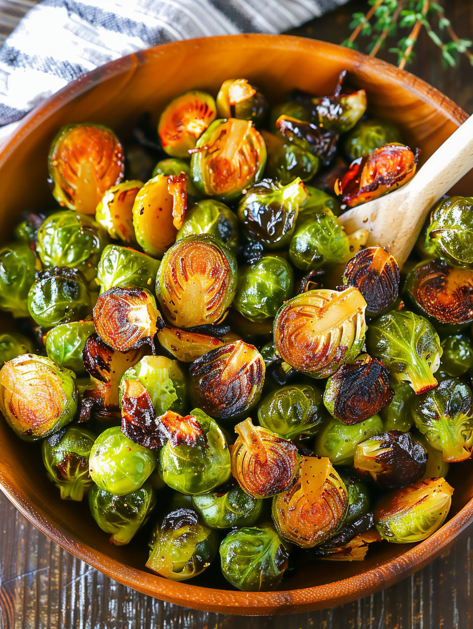 A bowl of honey roasted Brussels sprouts.