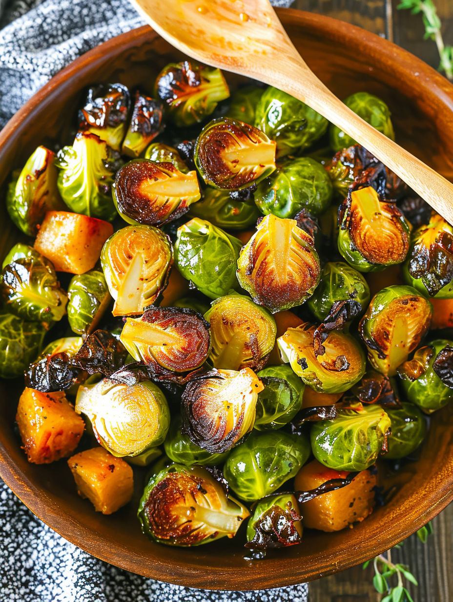 A bowl of honey roasted Brussels sprouts.