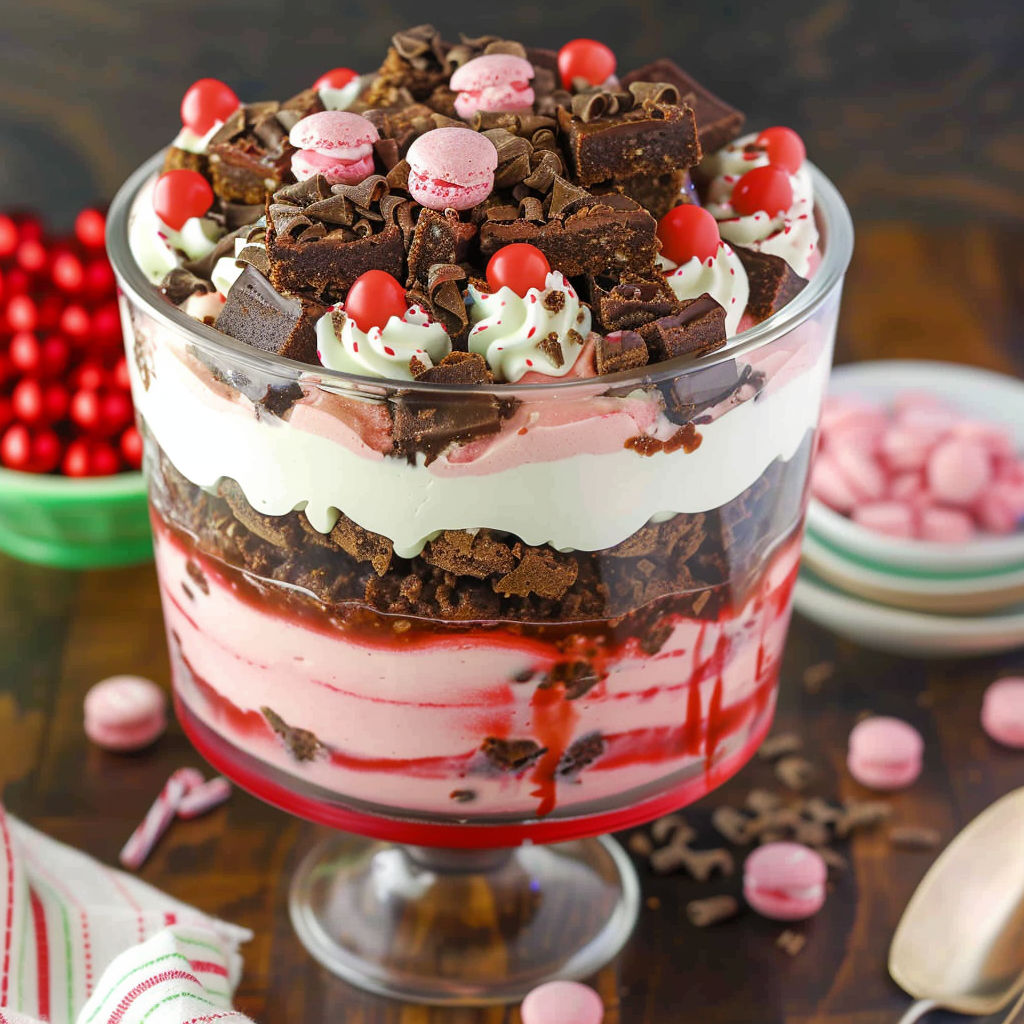 A close up of a Peppermint Cheesecake Brownie Trifle.