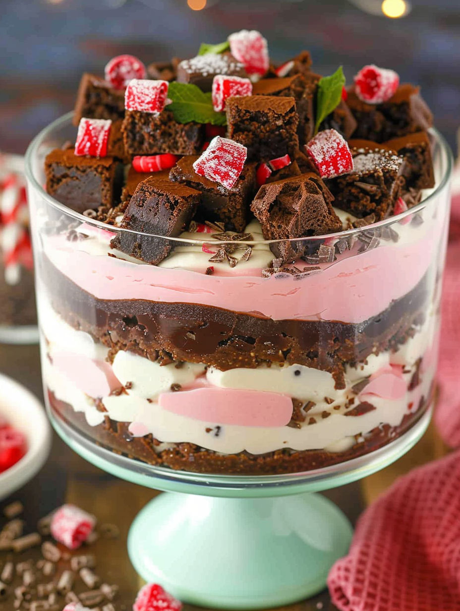 A close up of a Peppermint Cheesecake Brownie Trifle.