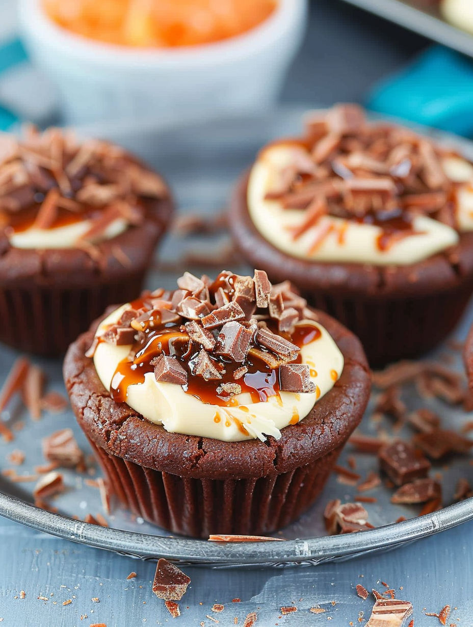 Three turtle chocolate cookie cups with caramel drizzle.