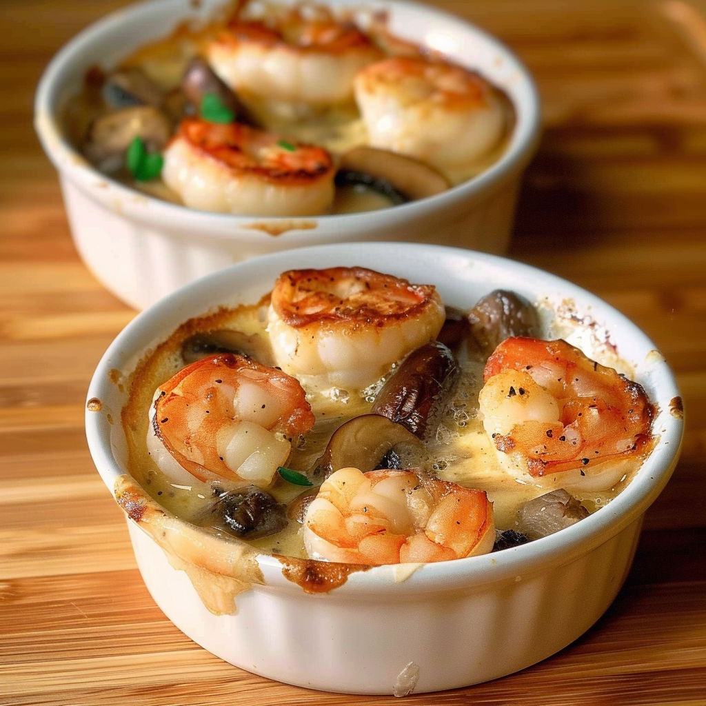 A bowl of food with shrimp and mushrooms.