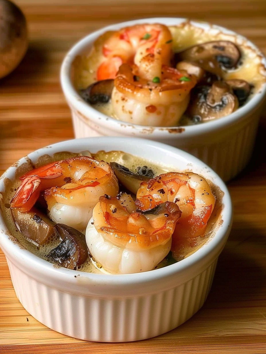 A bowl of shrimp and mushrooms.