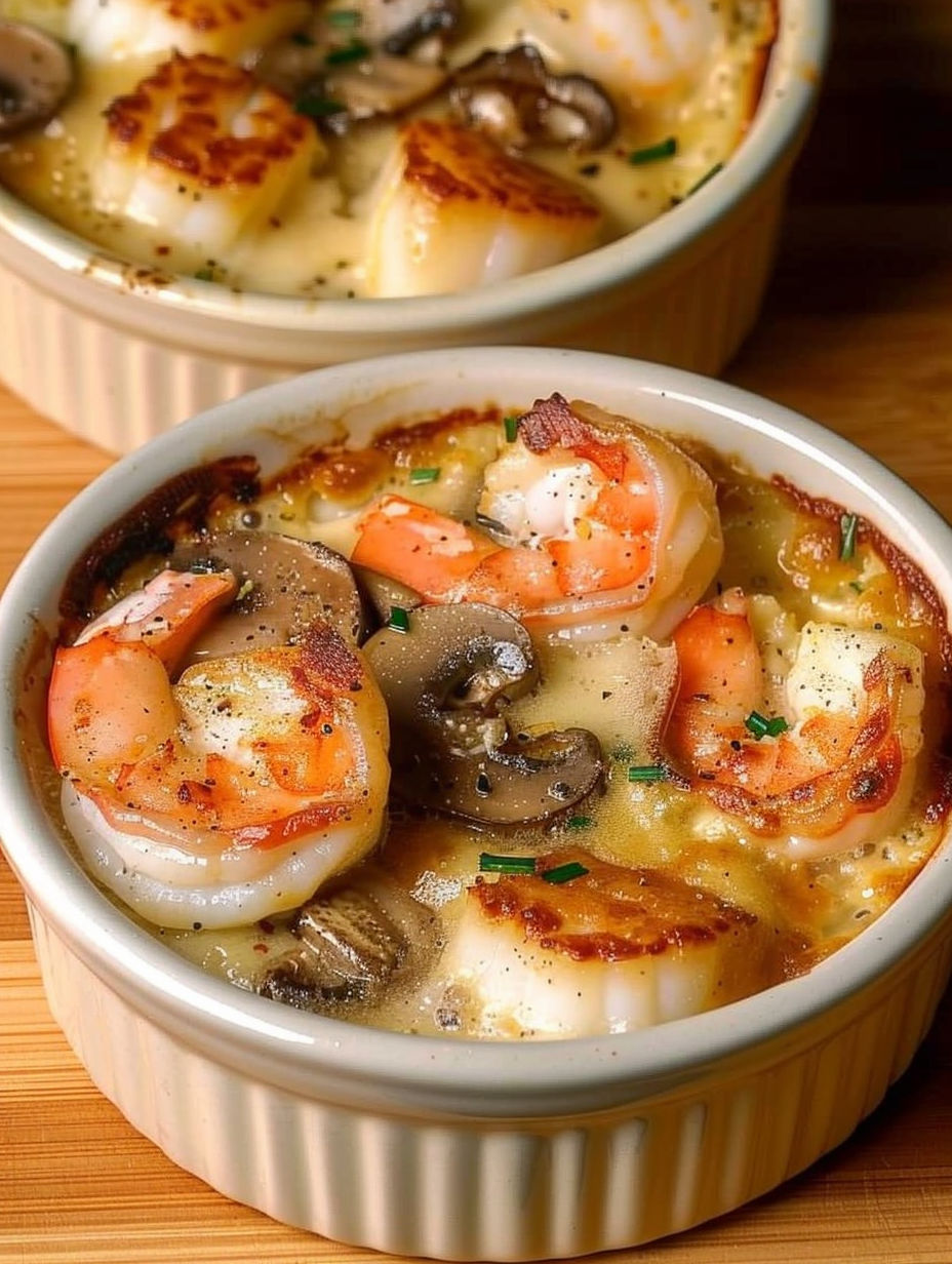 A bowl of shrimp and mushrooms.