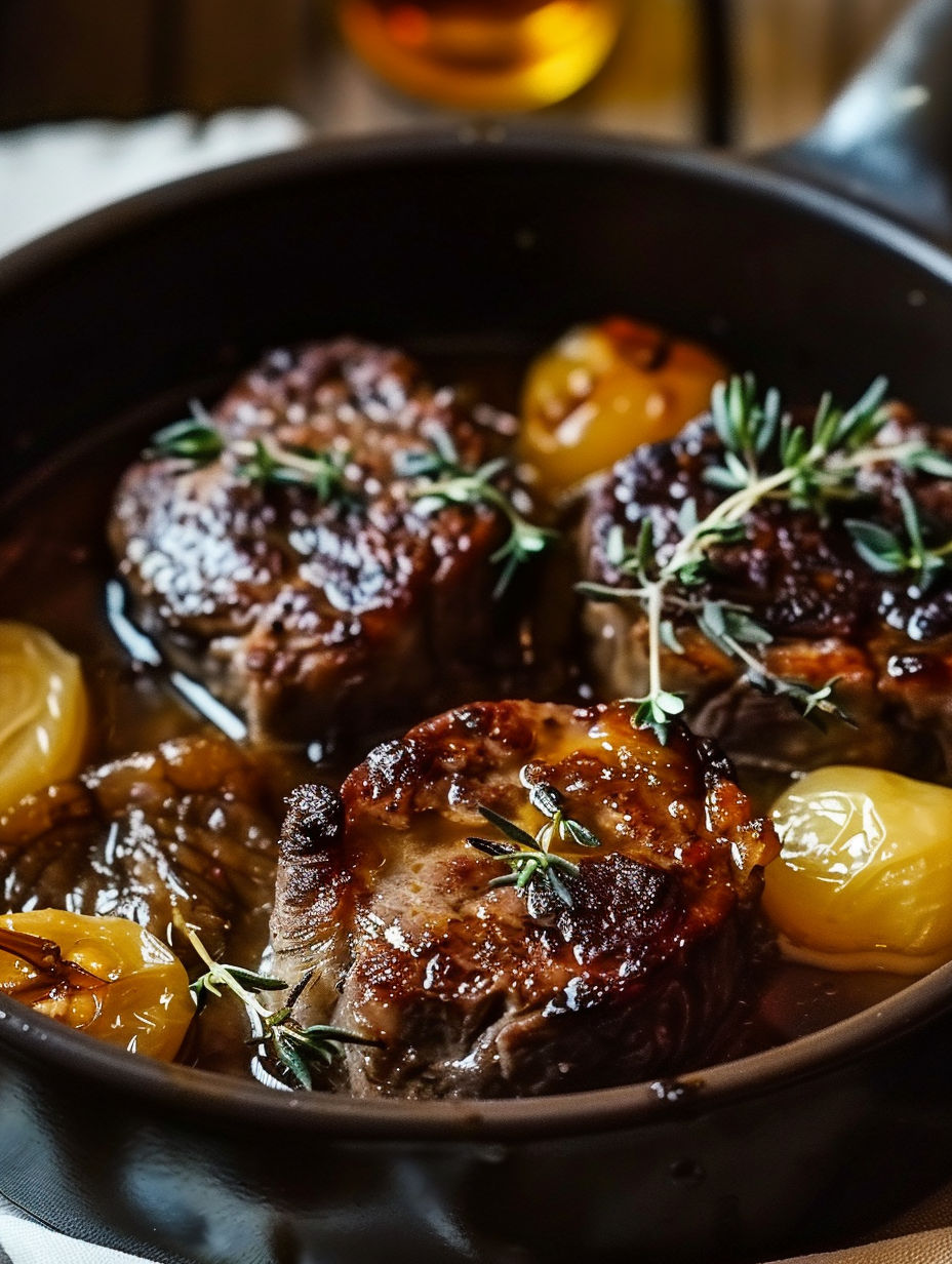 A bowl of meat with herbs on top.