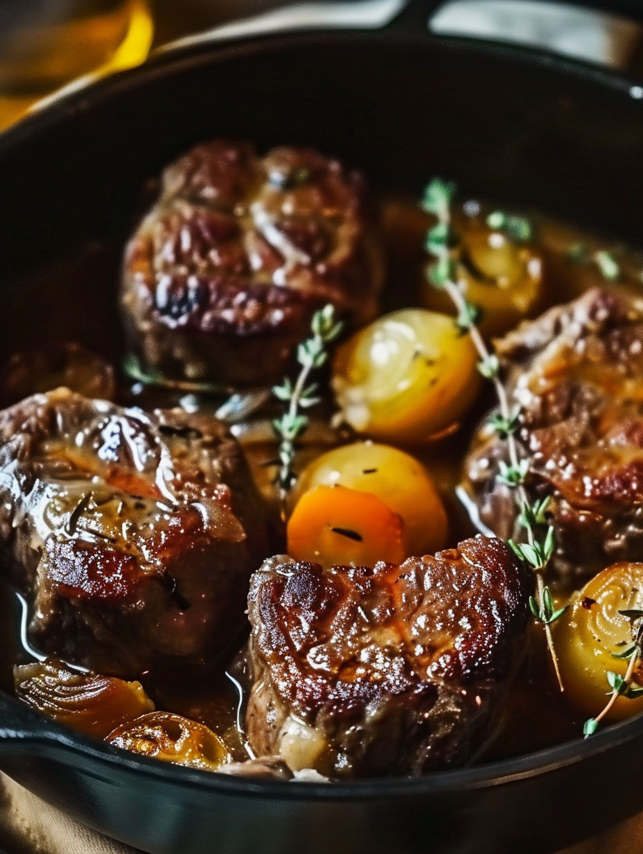 A bowl of meat with tomatoes and herbs.