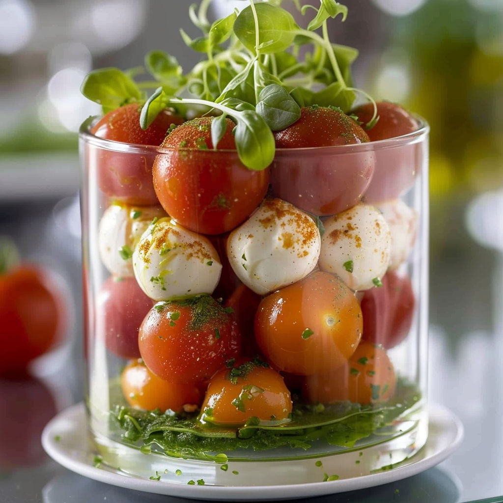 A glass bowl filled with tomatoes, mozzarella, and basil.