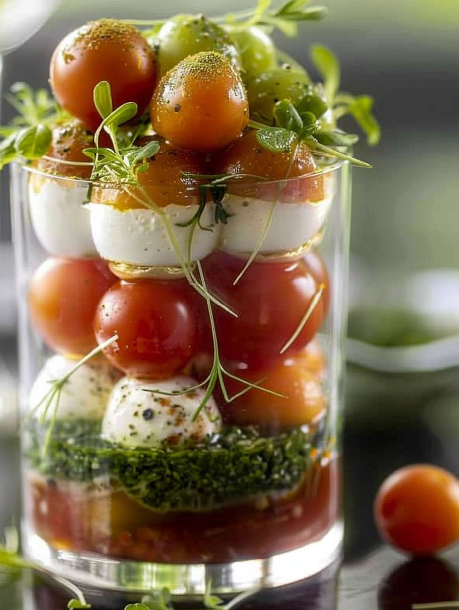 A glass of tomatoes, mozzarella, and basil.