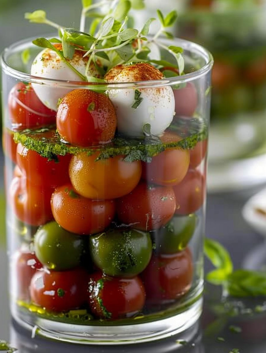 A glass bowl filled with tomatoes, mozzarella, and basil.