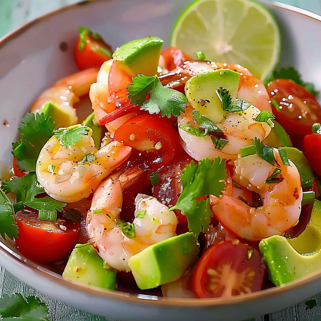 A bowl of shrimp salad with tomatoes and avocado.