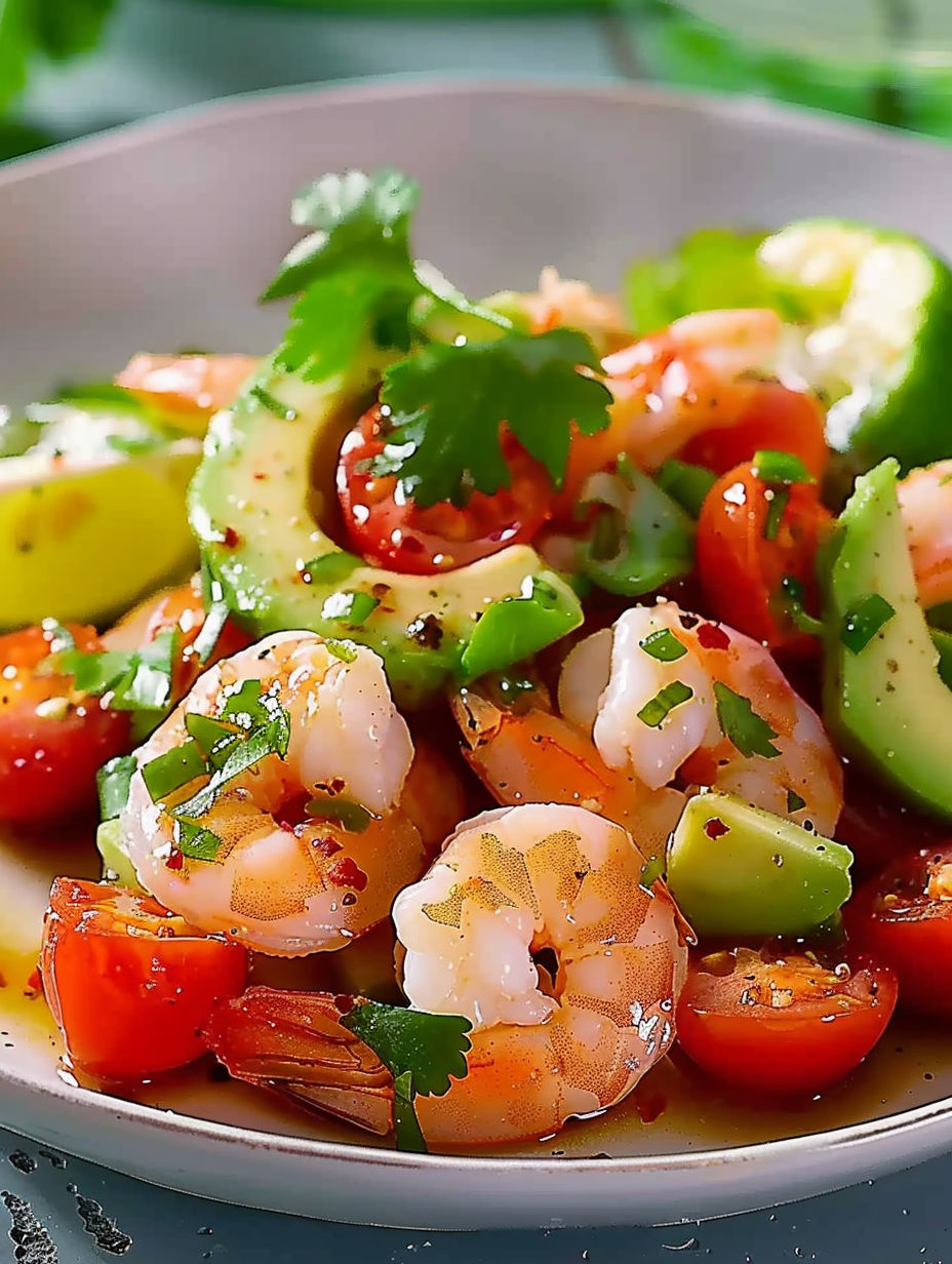 A plate of shrimp, avocado, and tomatoes.