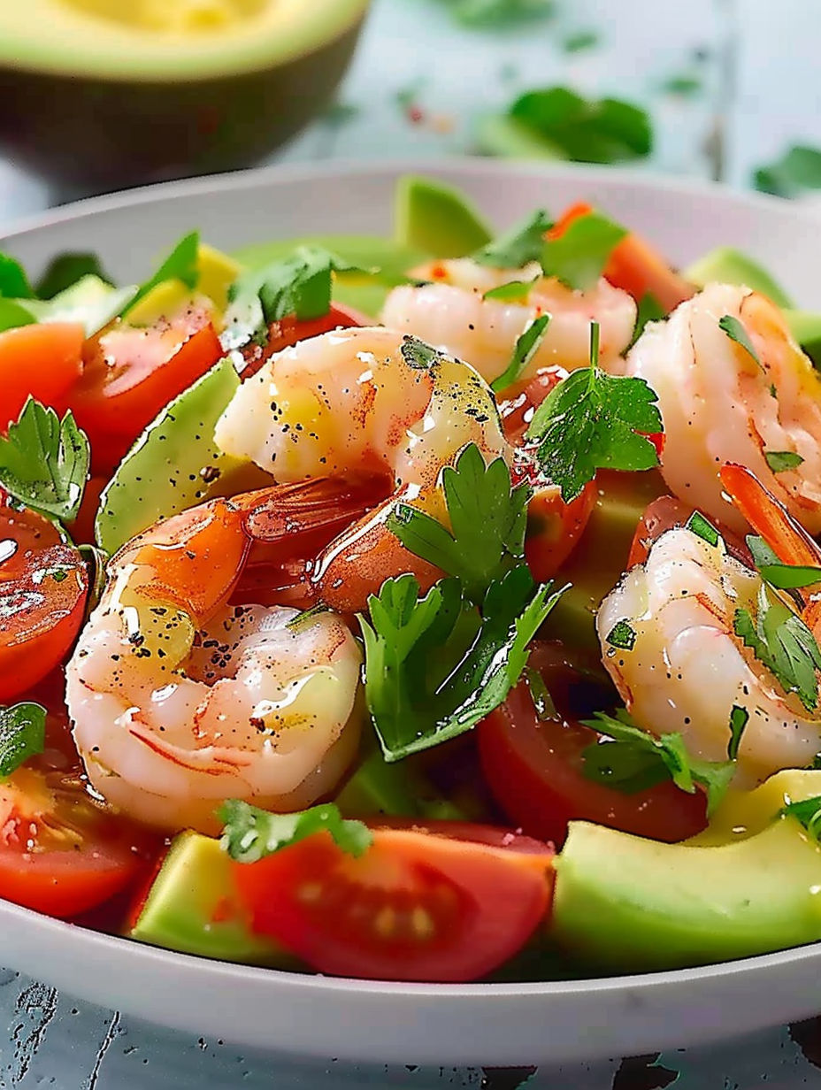 A bowl of shrimp salad with tomatoes and avocado.