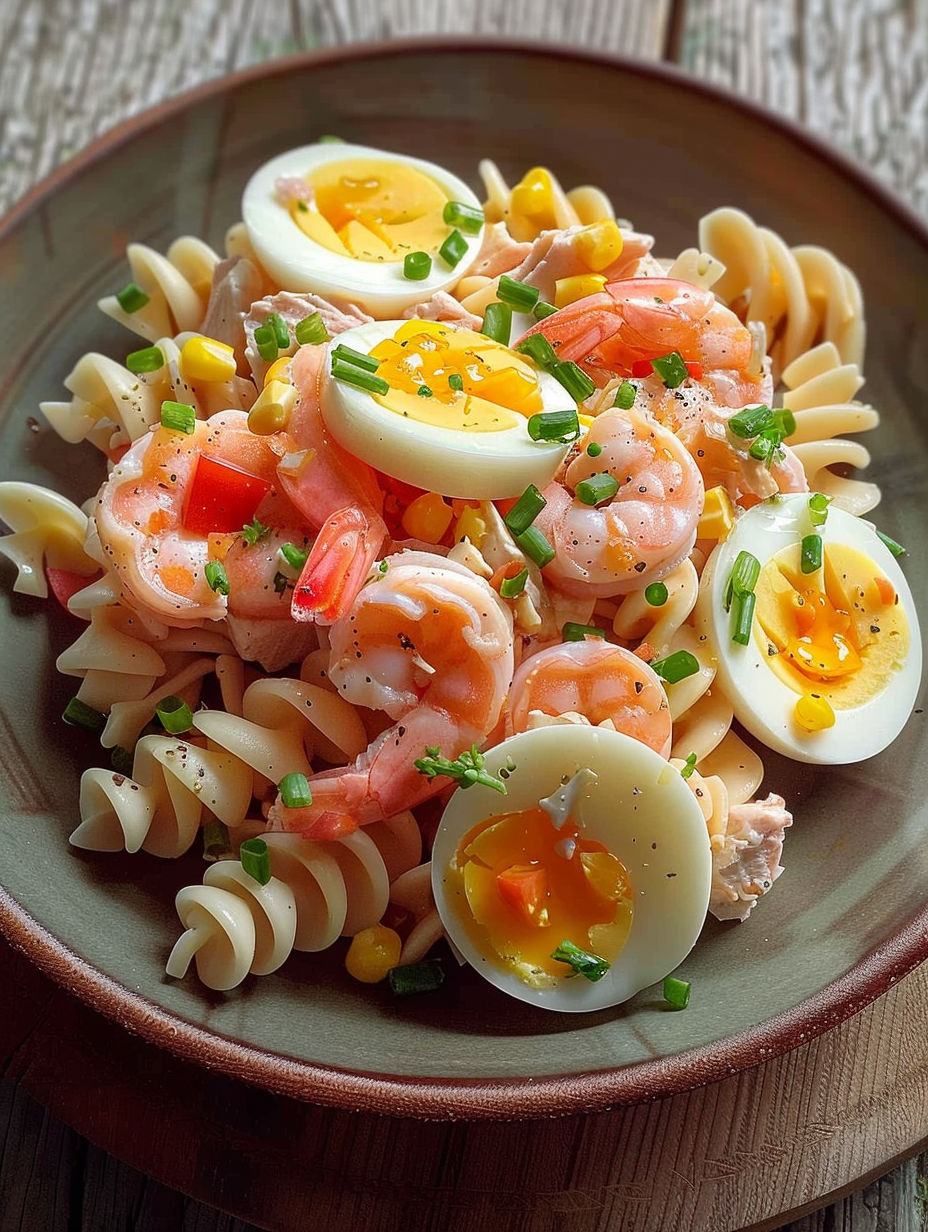 A plate of food with shrimp, eggs, and pasta.