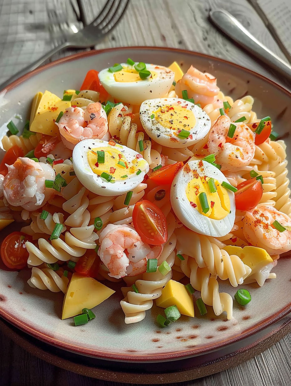 A plate of food with shrimp, eggs, and tomatoes.