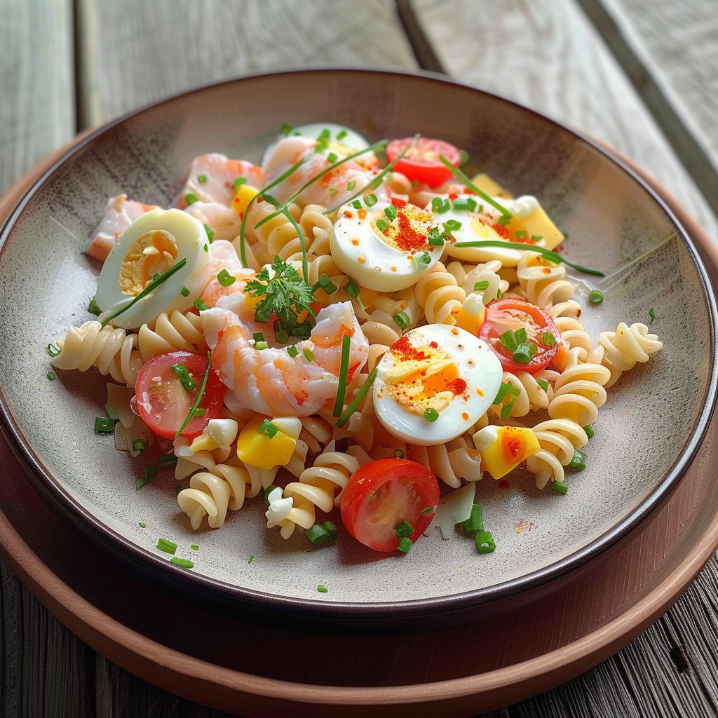 A plate of food with shrimp, tomatoes, and eggs.