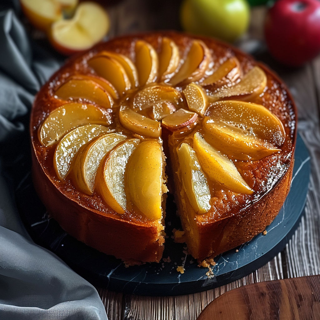 A slice of cake with apples on top.