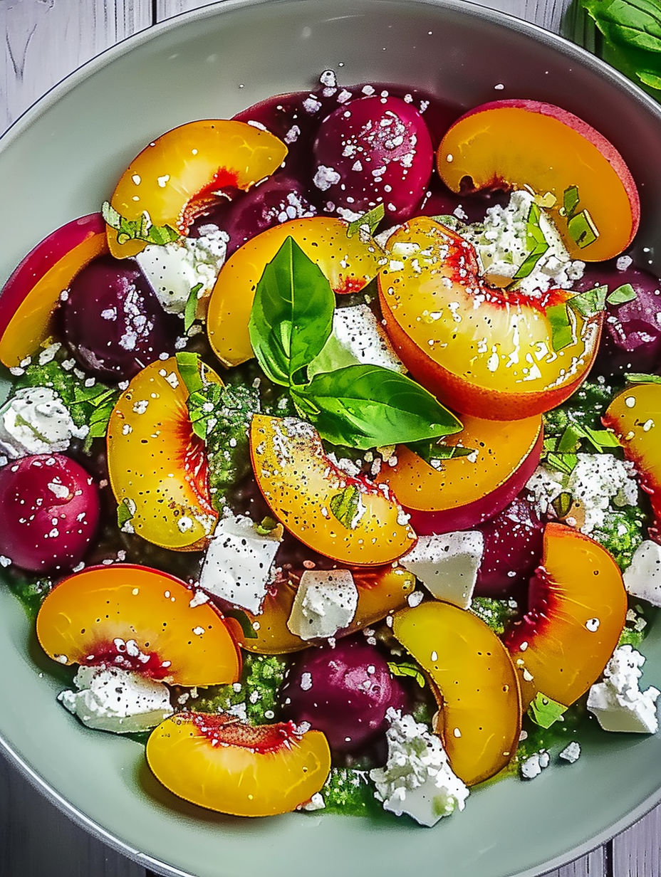 A bowl of fruit salad with peaches, nectarines, and feta cheese.