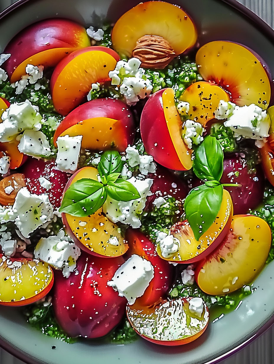 A bowl of fruit salad with nectarines, peaches, and feta cheese.