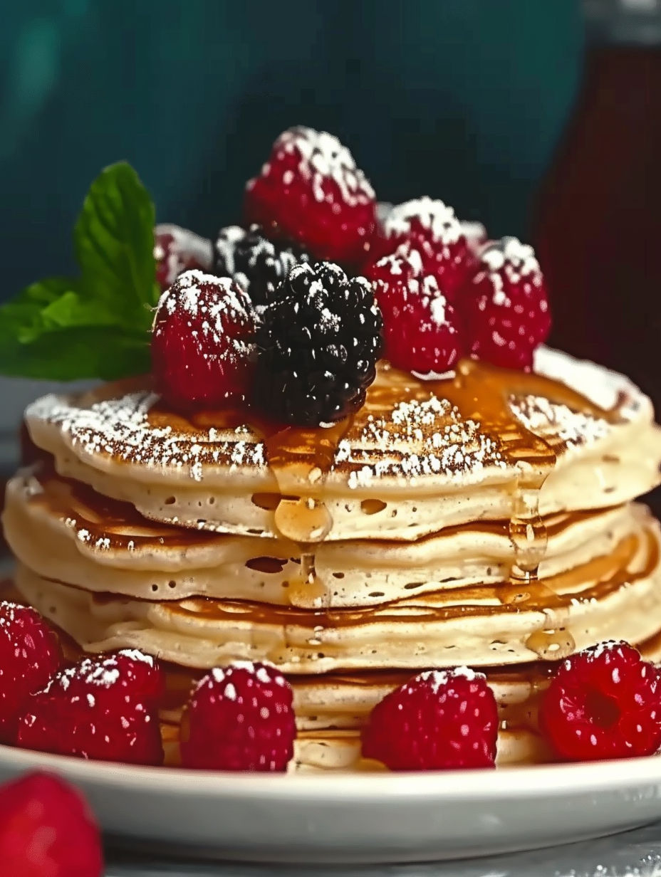 A stack of pancakes with berries on top.