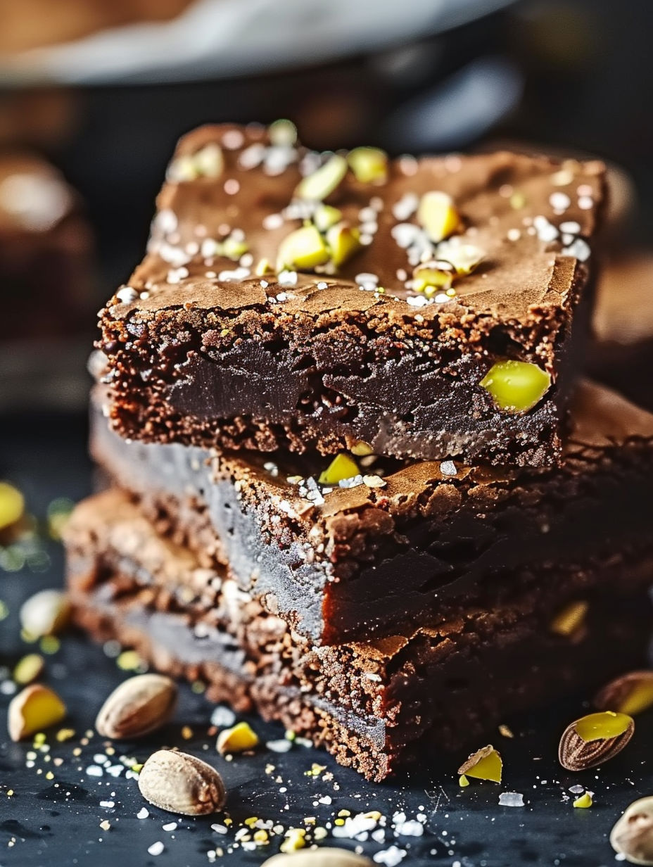 A stack of brownies with pistachio nuts on top.