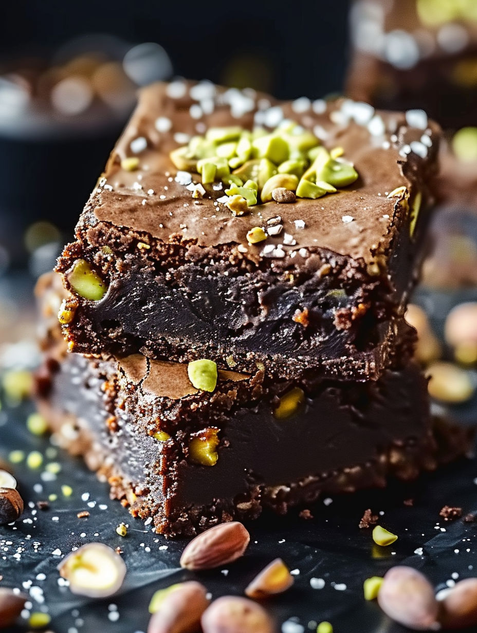 A close up of a brownie with pistachio nuts on top.