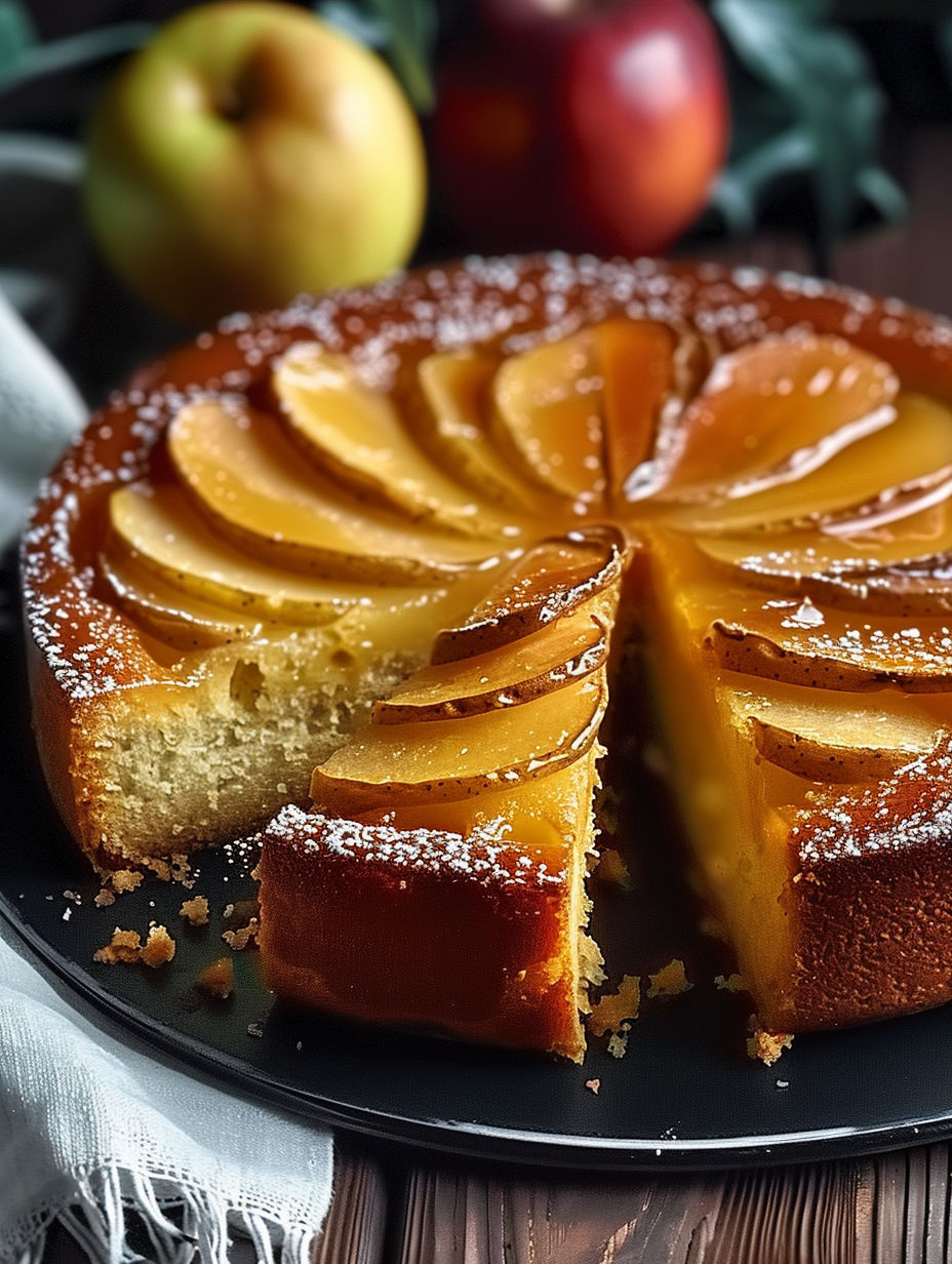 A slice of apple pie with a dusting of powdered sugar.