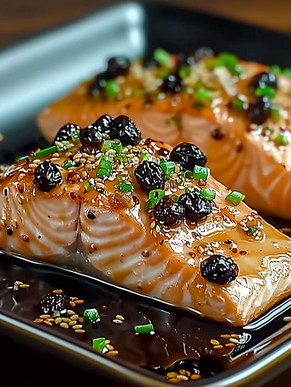 Two pieces of fish with black olives on top.