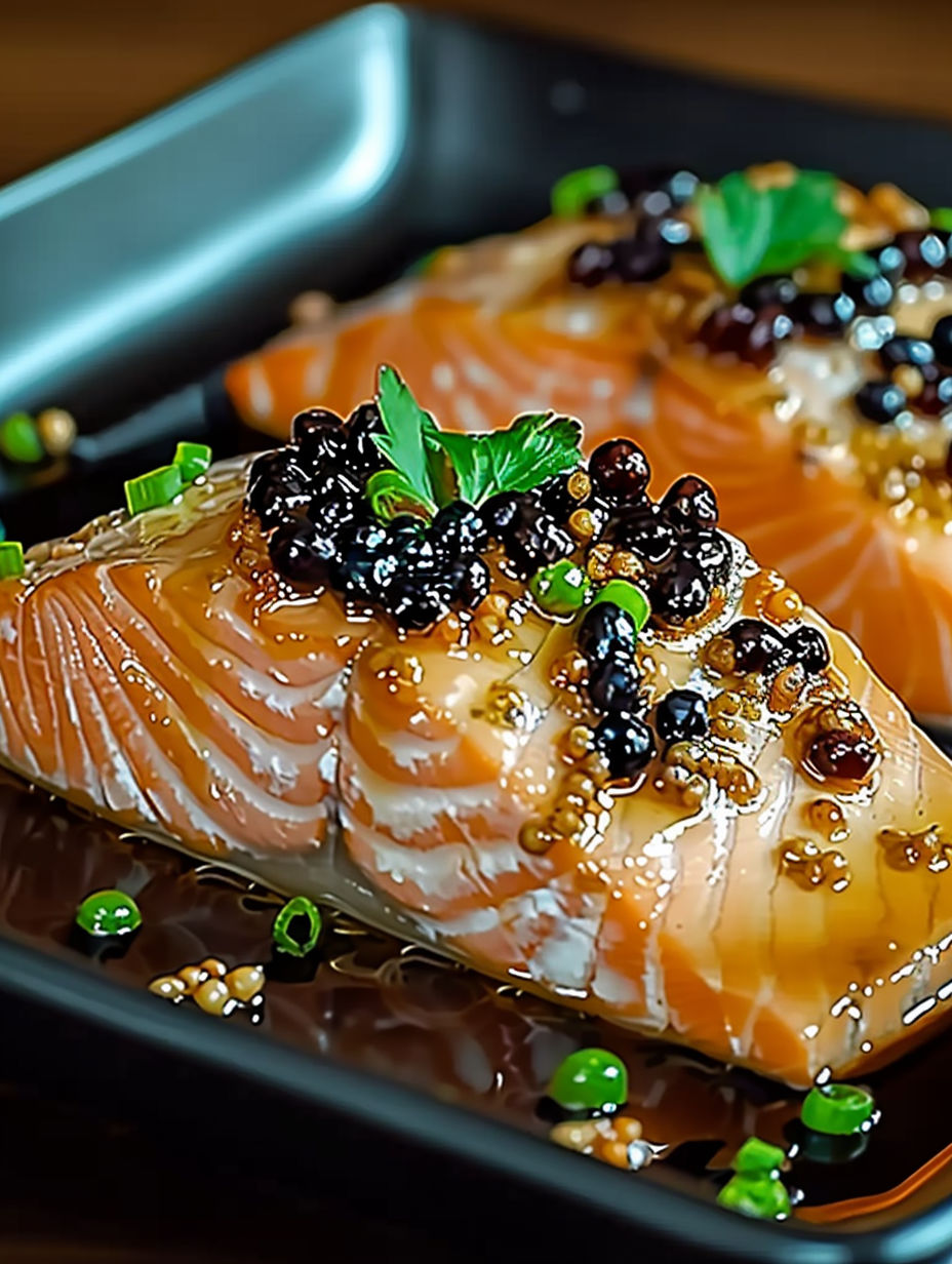 Two pieces of salmon with blackberries on top.