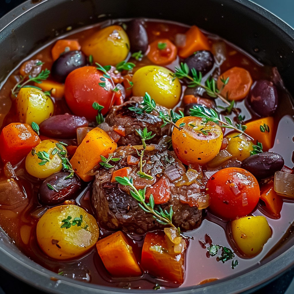 A bowl of beef stew with carrots, tomatoes, and herbs.