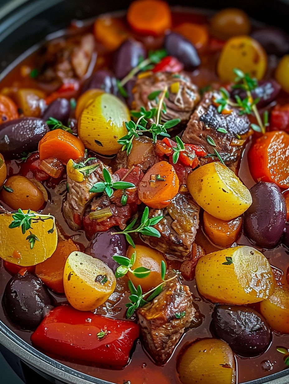 A bowl of beef stew with carrots and potatoes.