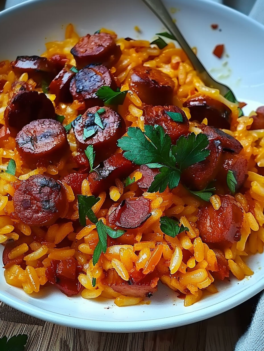 A plate of food with sausage and rice.