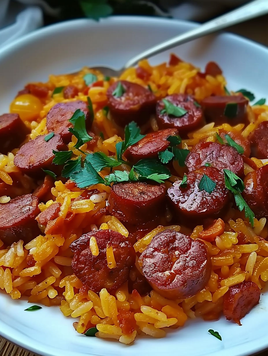 A plate of food with rice, sausage, and tomatoes.