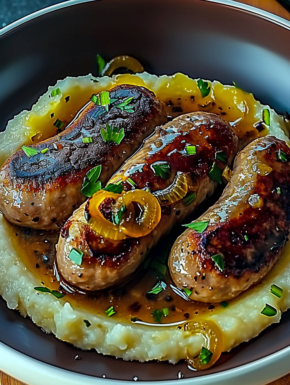 Bangers et Purée avec Sauce à l'Oignon.
