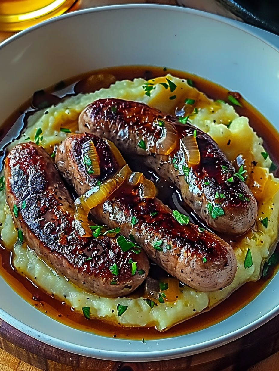 A plate of sausage and mashed potatoes.