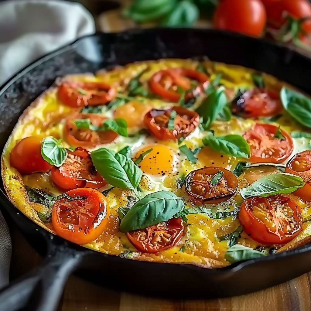 A colorful omelette with tomatoes, spinach, and eggs.