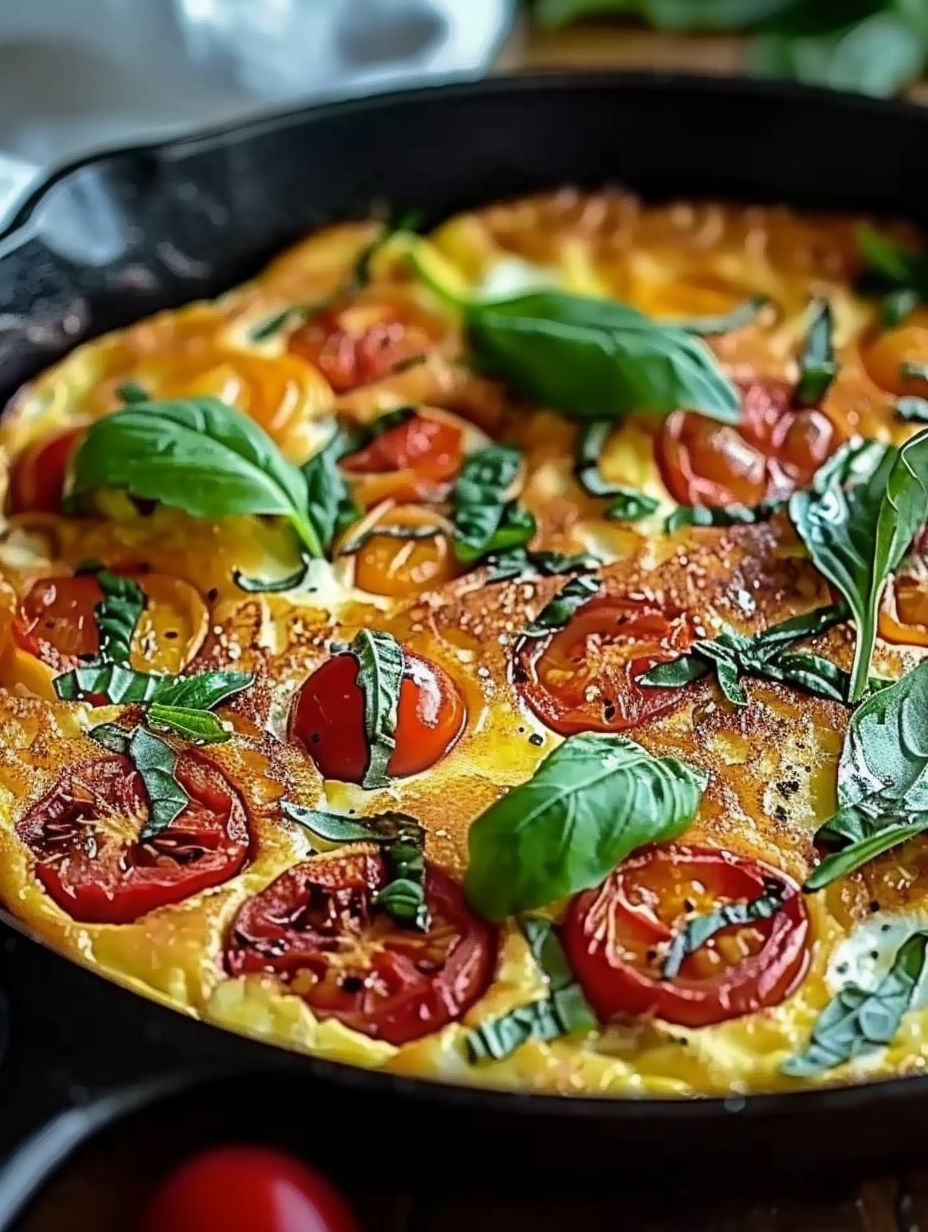 A colorful omelette with tomatoes and spinach.