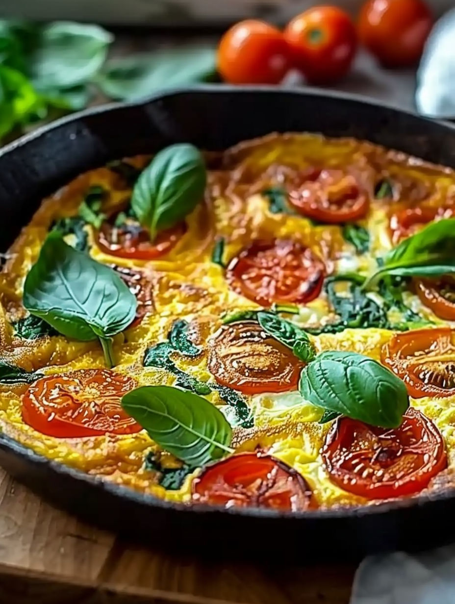 A colorful omelette with tomatoes, spinach, and other vegetables.