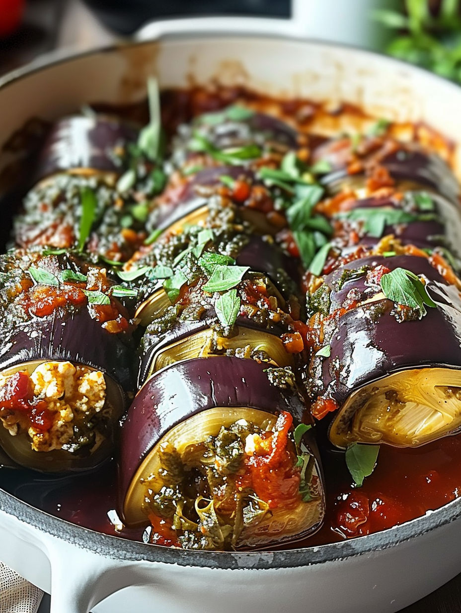 A dish of involtini d'aubergines à la ricotta.