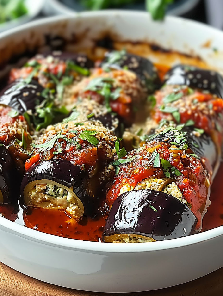 A bowl of food with a close up of a stuffed eggplant.