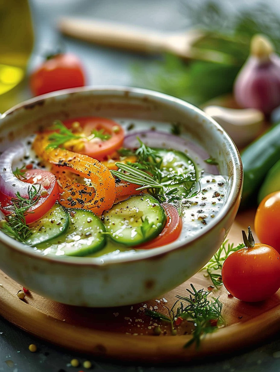 A bowl of vegetables with a sauce légère salade.