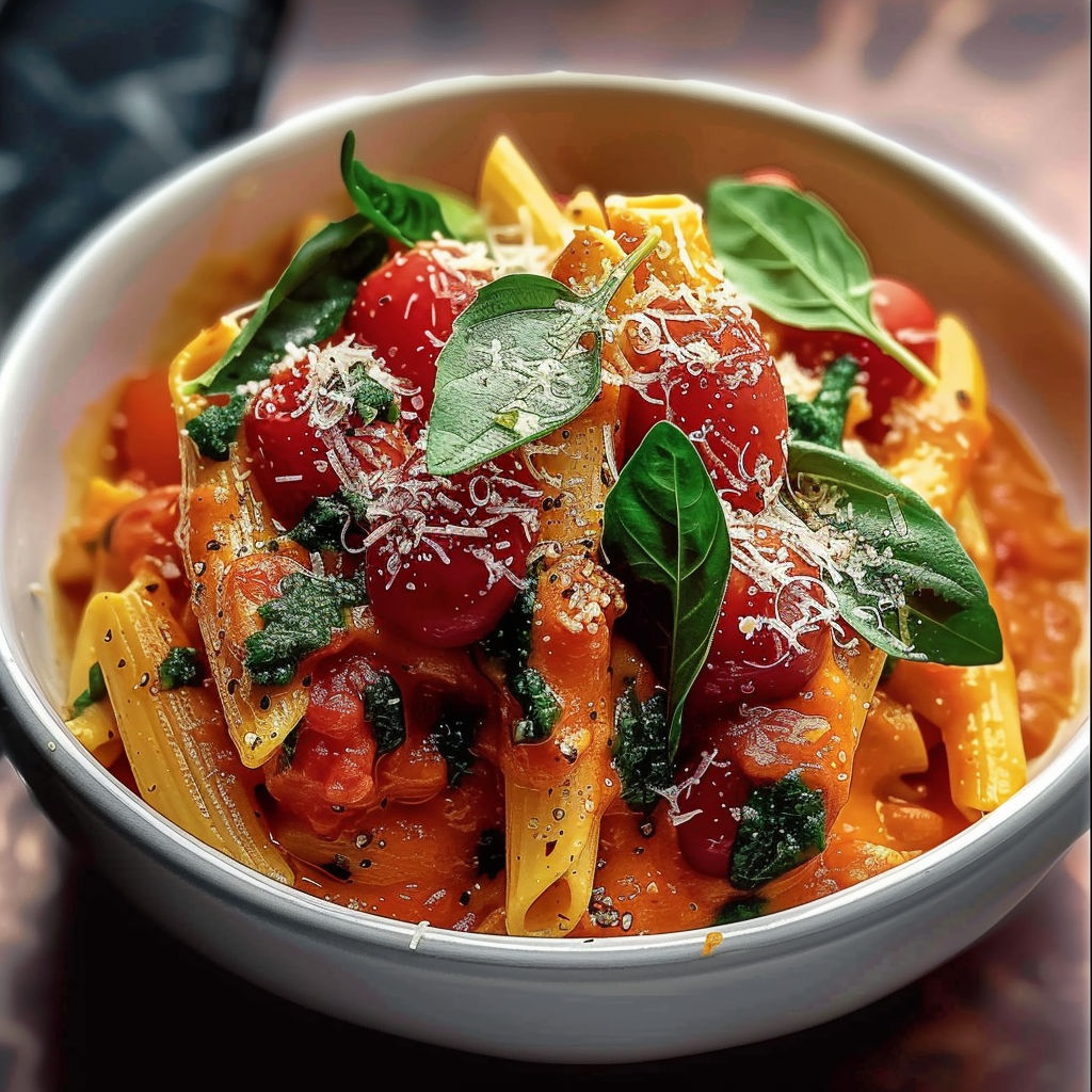 A bowl of pasta with tomatoes and spinach.