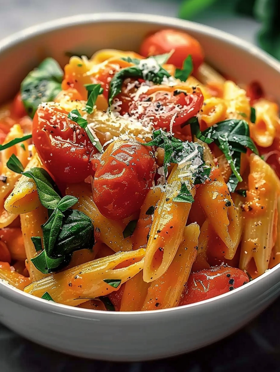 A bowl of pasta with tomatoes and spinach.
