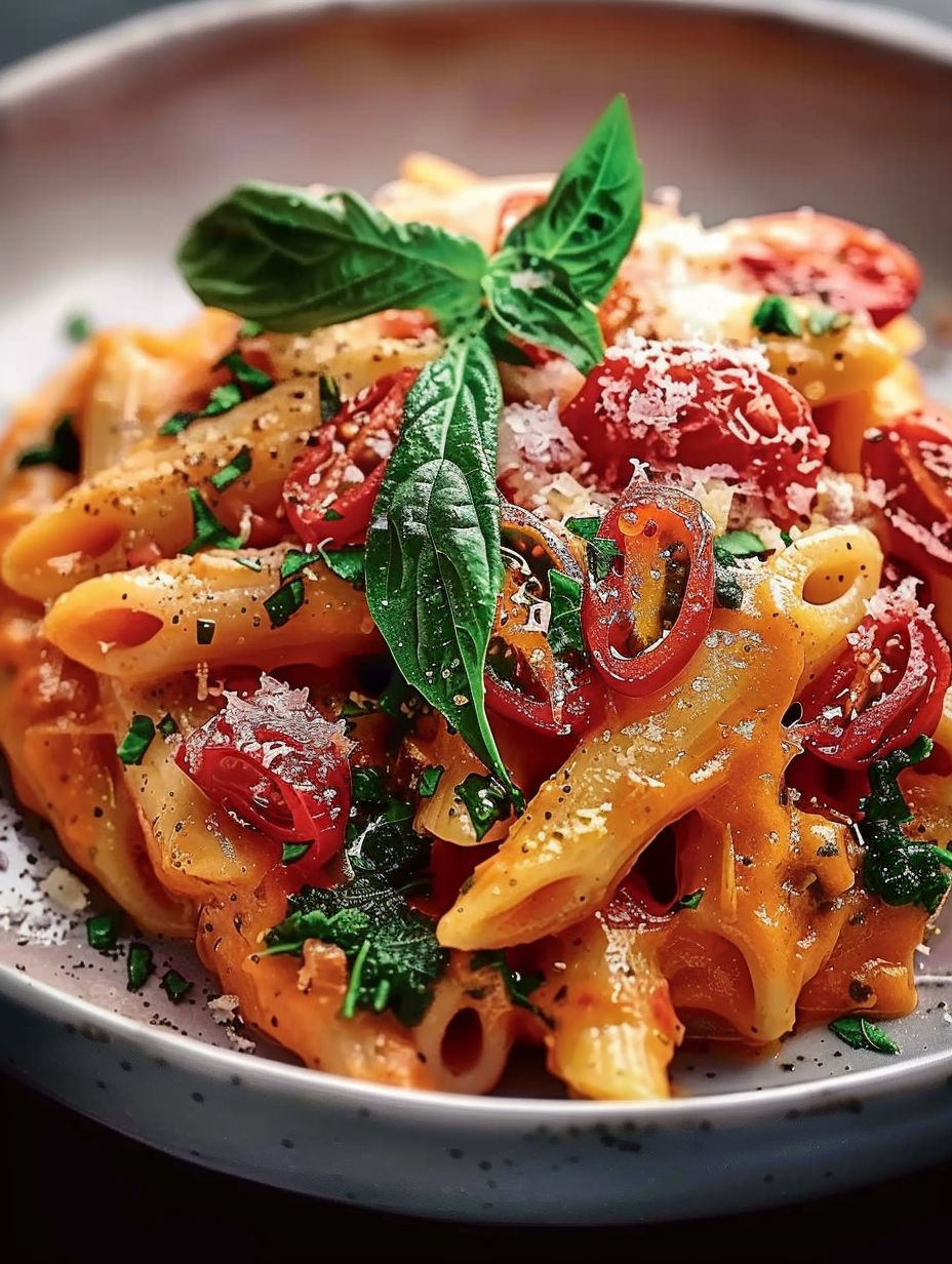 A plate of pasta with tomatoes and basil.